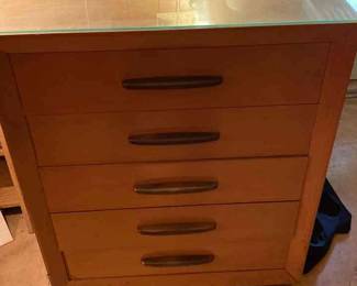 Mid Century Glasstop Wooden Chest Of Drawers 