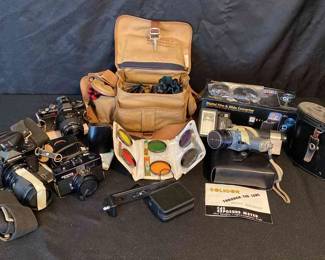 Rare Vintage Film Camera Bundle Konica, Vivitar, Soligor, Lenses  More Read Description 
