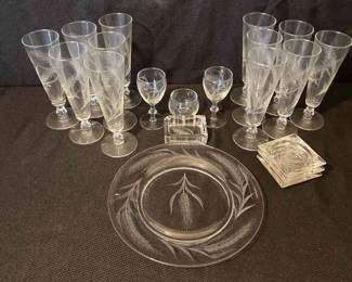 Vintage Etched Wheat Pattern Glassware Ashtray Set 