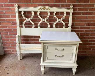 Vintage White Gold Twin Size Head footboard  Nightstand 