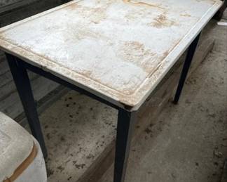 Vintage metal top table, wooden legs