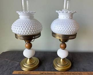 Vintage hobnail milk glass lamps