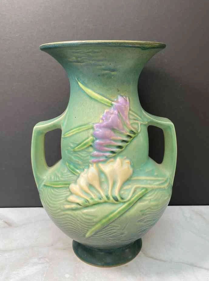 Vintage Roseville USA Green Urn Vase With Freesia Decor
