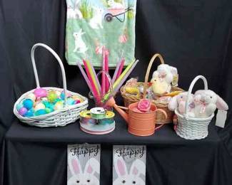 Large Lot Of Easter Decor * New 60x70 Throw Blanket * Bunnies * Eggs * Ribbon * Candles * Plastic Eggs Galore
