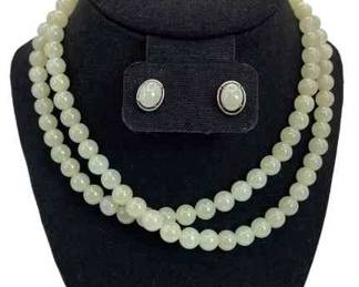 Possible White Jade Long Strand Necklace * Pierced Post Earrings
