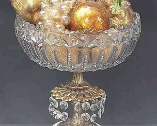 Lovely Marble & Crystal Pedestal Bowl With Gold-Toned Fruit & 3 Glass Orbs * Heavy
