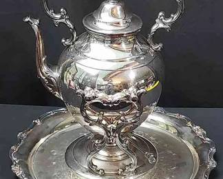 William Rogers Silver Plated Tea Pot With Cradle & Sterno Burner * Tray Added
