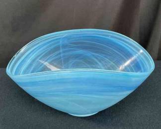 Made In Turkey Blue Swirl Oval Shaped Art Glass Bowl
