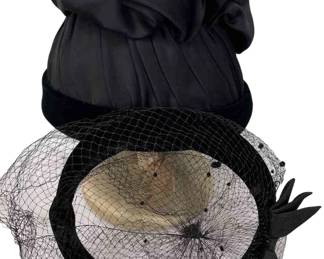 Vintage Black Hats * Satin With Velvet Trim * Fine Fragile Netted Hat With Velvet Band
