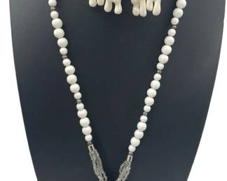 Vintage White Plastic * Crystals * Cat Pierced Earrings * Long Pendant / Pin Combo Necklace
