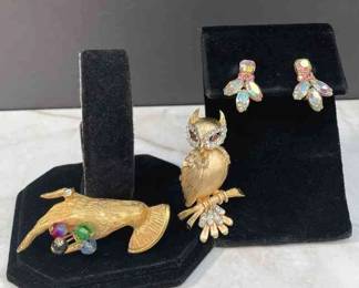 Vintage Pins * Screw Back Crystals Iridescent Earrings * Gold Toned Owl * Gold Toned Hand With Faceted Glass Details
