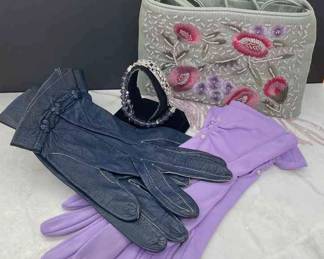 Cookie Lee Lavender Faceted Glass * Rhinestones Bracelet * Vintage Blue Leather Gloves * Lavender Vintage Nylon Dress Gloves * Beaded Sage Green Evening Bag

