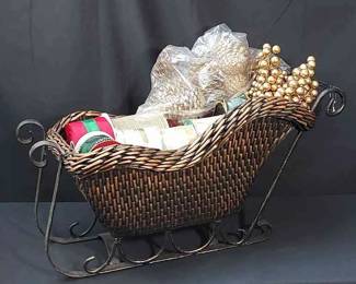 Wrought Iron & Wicker/Rattan Sleigh Filled With Ribbon/Gold-toned Grapes & Pine Cones
