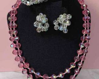 Vintage Pink Iridescent Double Strand Crystal Necklace * Sparkling Iridescent Clip On Earrings * Bracelet
