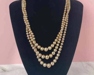 Vintage Faux Champagne Pearl Triple Strand Necklace
