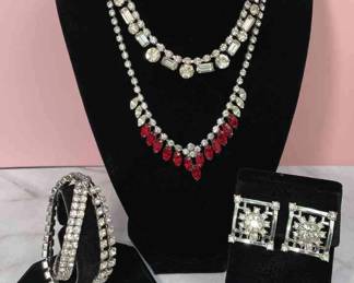 Clear / Red Rhinestones * Crystals Vintage Glamour Necklaces * Clip On Earrings * Bracelets

