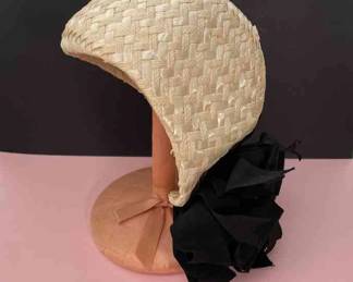 Joseph Magnin Cream Color Straw Hat With Black Ribbon Detail
