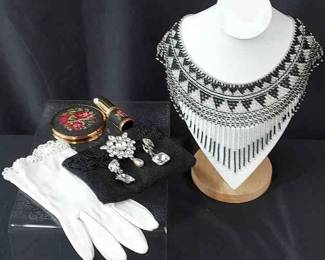 Vintage * Beautiful Beaded Necklace & Clutch * Costume Pin & Earrings * Tapestry Compact & Spray * Daisy Lace Trimmed Gloves
