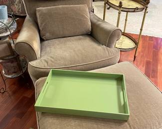 Grange velvet chair in sage green with ottoman  Stain on inside of right arm  Green melamine tray