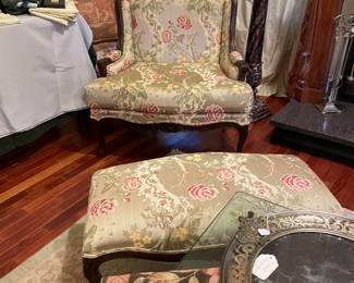 French Bergere Arm Chairs (2) and ottomans (2) like new  Extra roll of fabric available