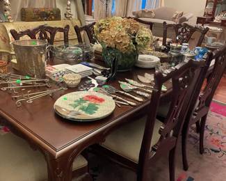 Dining table 6' x 3-1/2' with 2-foot leaf with 8 chairs/miscellaneous small items sold separately  Extra fabric for chairs