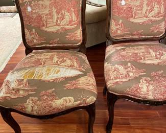 Two toile antique chairs in need of fabric repair and minimal restoration