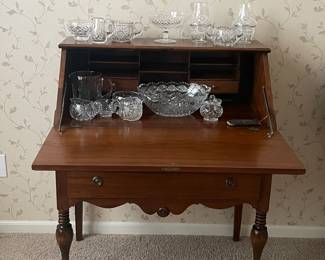 Secretary Desk (Available) with Waterford Crystal Bowls and Glassware (Many Pieces Sold, some still available, new pieces uncovered)