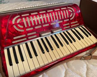 "CANDY" Red Acordian Made In Italy--1940/50's? With Straps,  Case, Music, & Instructions