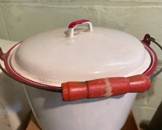 2-Gallon? Red & White Enamel Pot w/Wood Handle