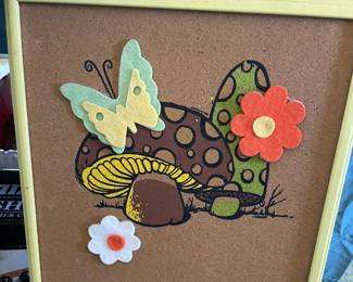 1960/70's Mushrooms, Butterfly & Flowered Graphic, Framed  Cork, Bulletin Board --Groovy!