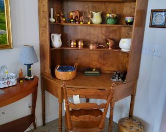 Vintage Ethan Allen Corner  Desk and Bookcase, Roseville Pottery Collection 