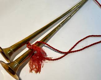 Two vintage brass fox hunt trumpet horns