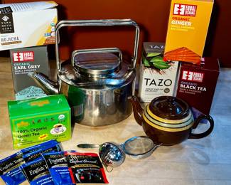Tea kettle, teapot, tea strainers and teas