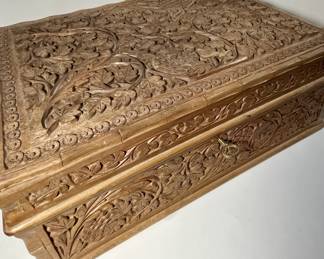 beautiful ornate carved box with trays and keys