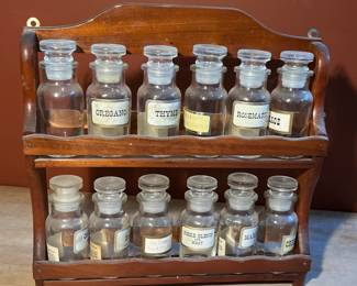 Two shelf spice rack with glass spice jars 