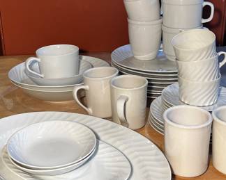 White LaBlanc fine SEYEI China Japan dishes and a variety of white mugs 