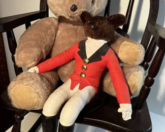 Child’s Windsor chair rocker and stuffed fox and bears