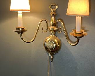 Polished brass pair double sconce wall lamps