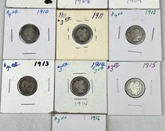 1907-1916 (10) Barber Silver Dimes, Consecutive