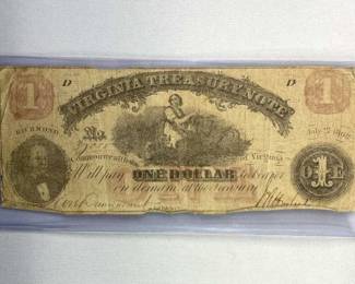 1862 Virginia $1 Treasury Note, Scarce