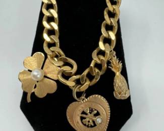 Vintage Monet Charm Bracelet w/ (2) 14k Gold Charms & (1) Brass Charm