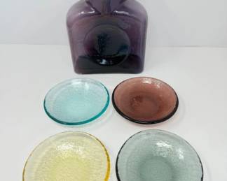 2002 Amethyst Purple Blenko Water Bottle + Colorful Glass Trinket Dishes
