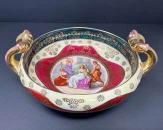 Vintage Red, Green, Blue & Gold Gilt Handled Porcelain Dish - 8"W