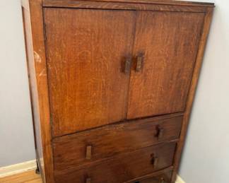 Antique Solid Wood Art Deco Linen Cabinet Cupboard