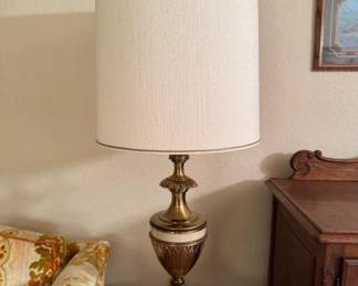 Vintage 1970s Neoclassical Brass & White Enamel Table Lamp Pair
