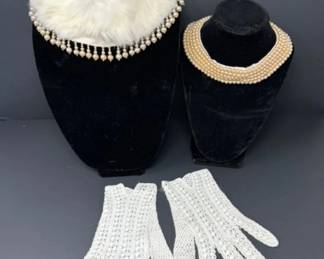 Vintage Rabbit Fur & Beaded Collars + White Crochet Gloves