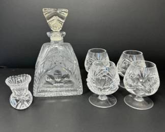 	Etched Crystal Decanter w/ 4 Gorham Cut Crystal Brandy Snifter Glasses