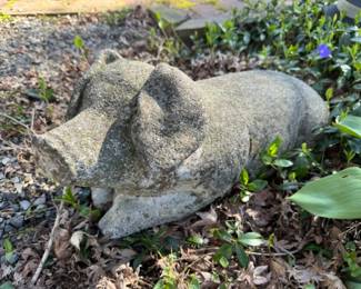 Piggy Perfection: Vintage Cement Lounging Pig Yard Art