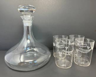 Glass Decanter & 4 Vintage Etched Lowball Tumblers
