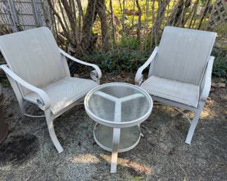 Soft Gray White Scroll Arm Patio Chairs and Table
